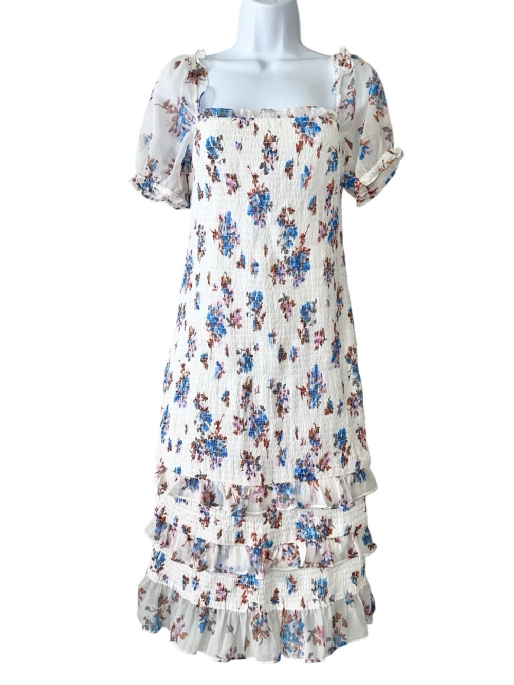 Abercrombie & Fitch White Floral Smocked Puff Sleeve Midi Dress- Medium Petite